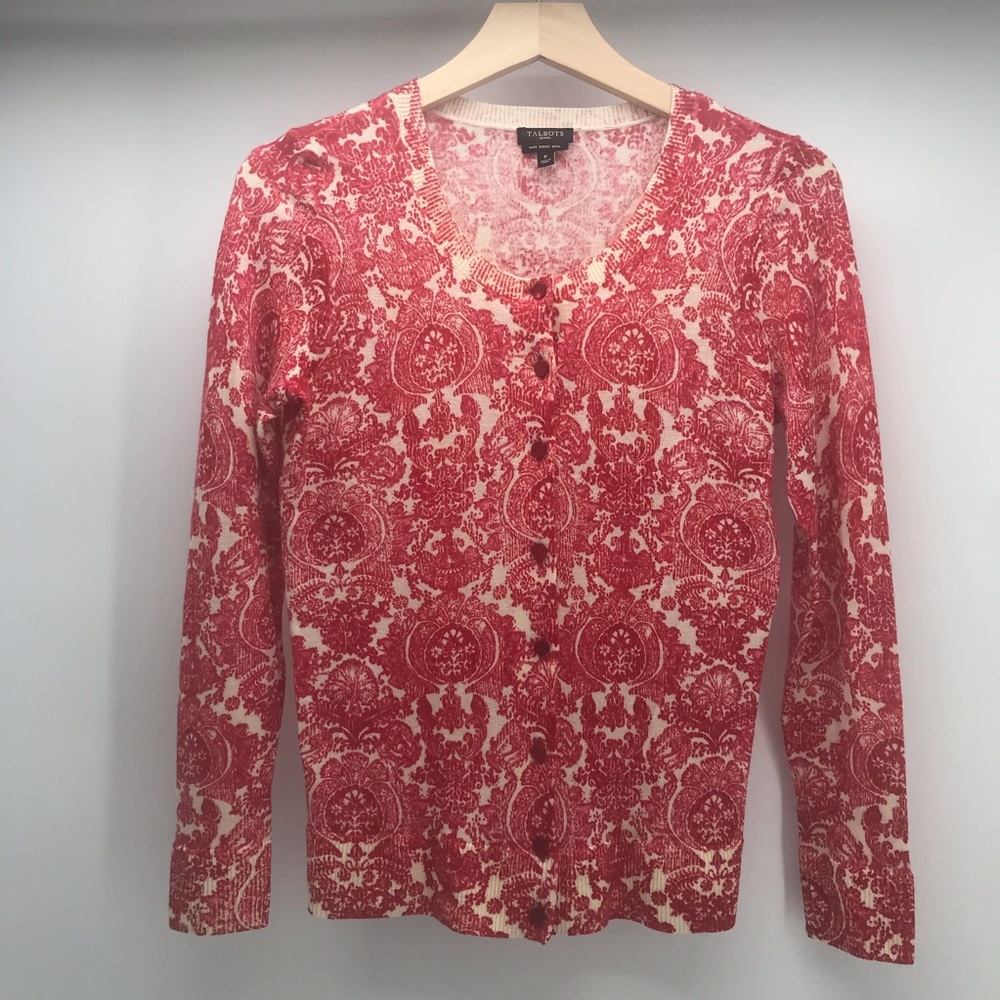 Talbots Cardigan Sweater Womens P Red Ivory Floral Print 100% Merino Wool